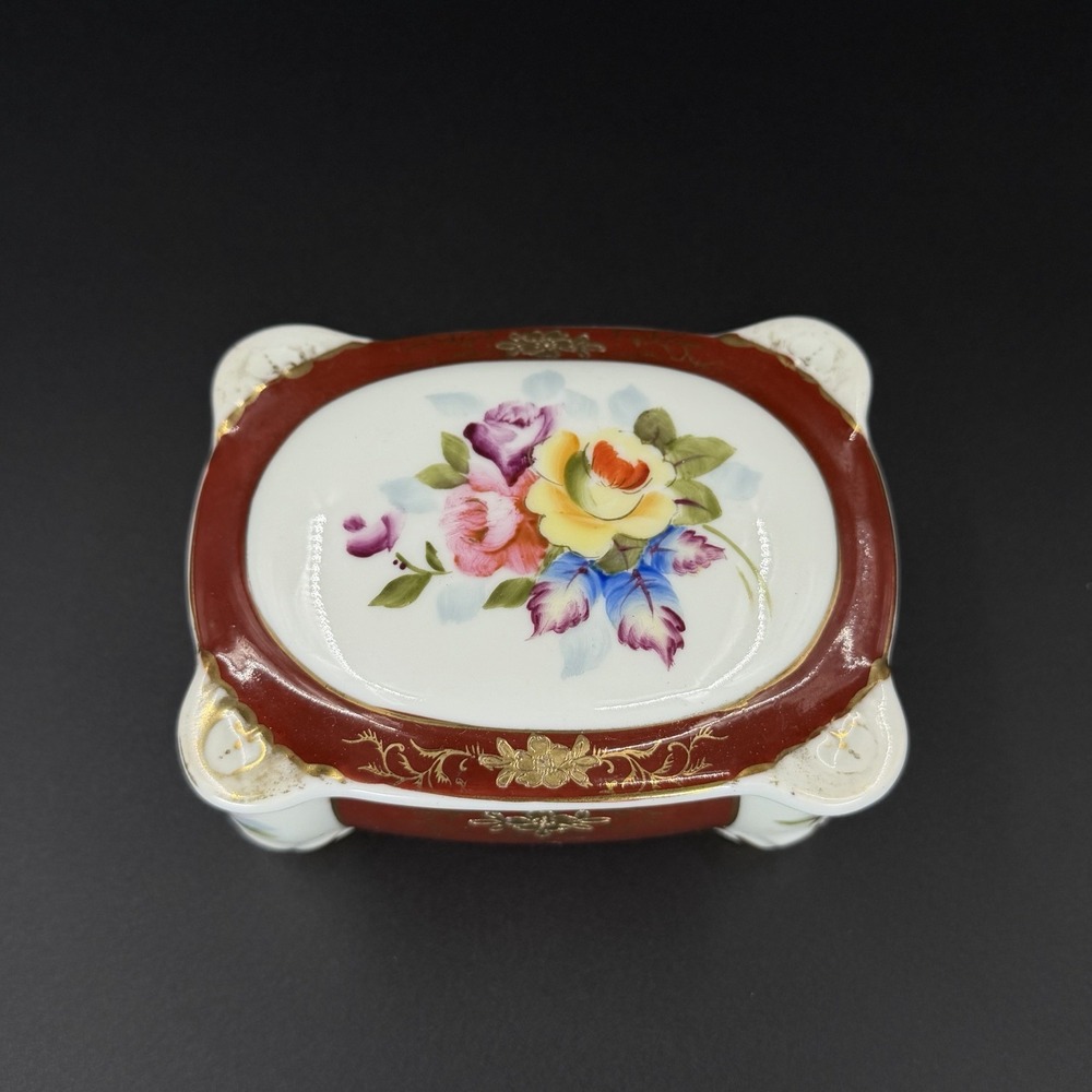 Vintage Occupied Japan Hand Painted Trinket Box Red Gold Floral